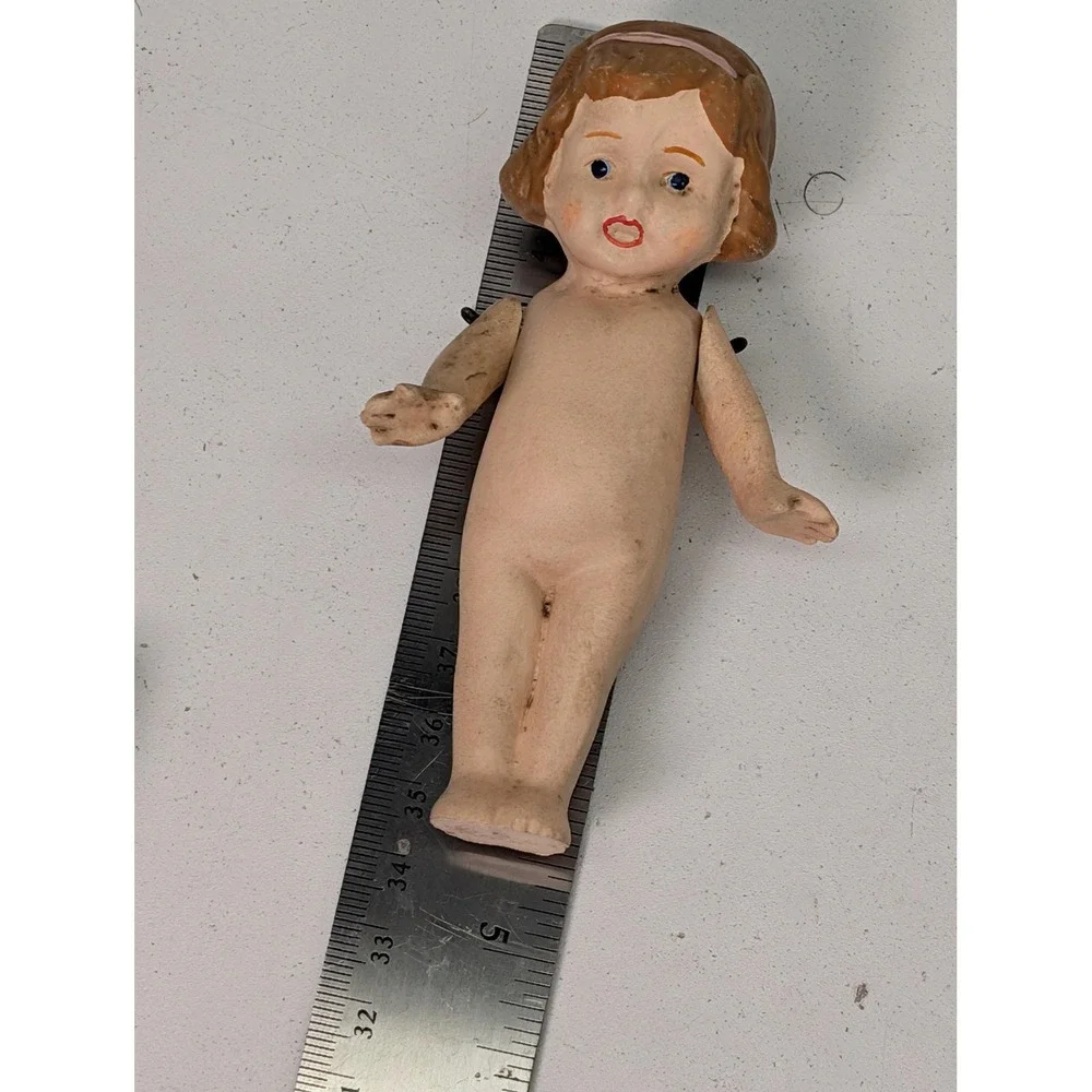 Vintage Composition Girl Play‎ Doll Nude Brown Wavy Hair Blue Eyes Marked Back